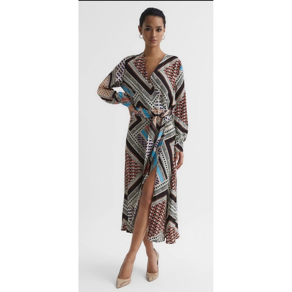 NWT Reiss Alegra Scarf Print Wrap Midi autumn wedding guest Dress US 4 no belt